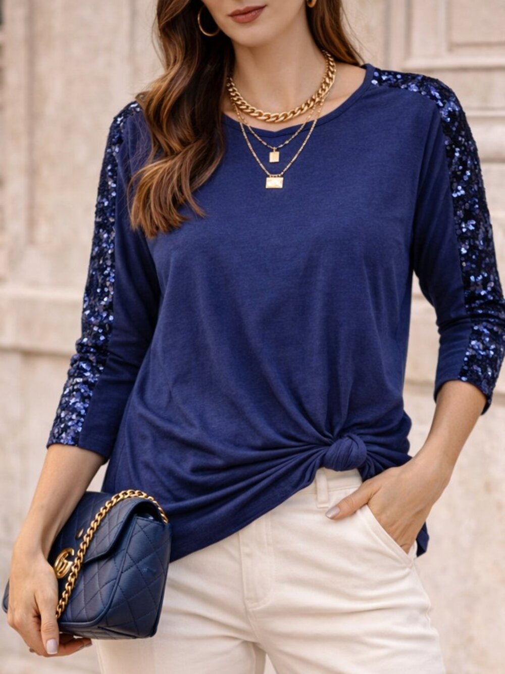 COMO Vintage Tunic Women's XL Blue Sequin Knot Tie Hem Party Top NWT Chic